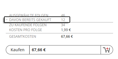 Preiskalkulation Beispiel 2: Ausgewählte Folgen (hier 46), davon bereits gekaufte Folgen (hier 12), zu kaufen Folgen (hier 34), Kosten pro Folge (hier 1,99), Gesamtkosten (hier 67,66. Wenn kein Rabatt erzielt wird, wird auch keiner angezeigt)