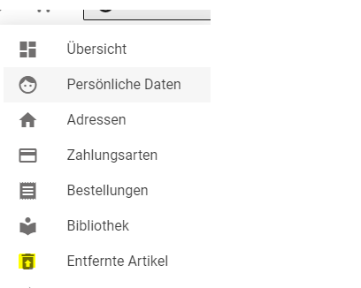 Wiederherstellung von entfernten Artikeln: Das Bild zeigt einige Kategorien aus der Mein Account-Übersicht: Übersicht, Perscönliche Daten, Adressen sowie die KAtegorie 